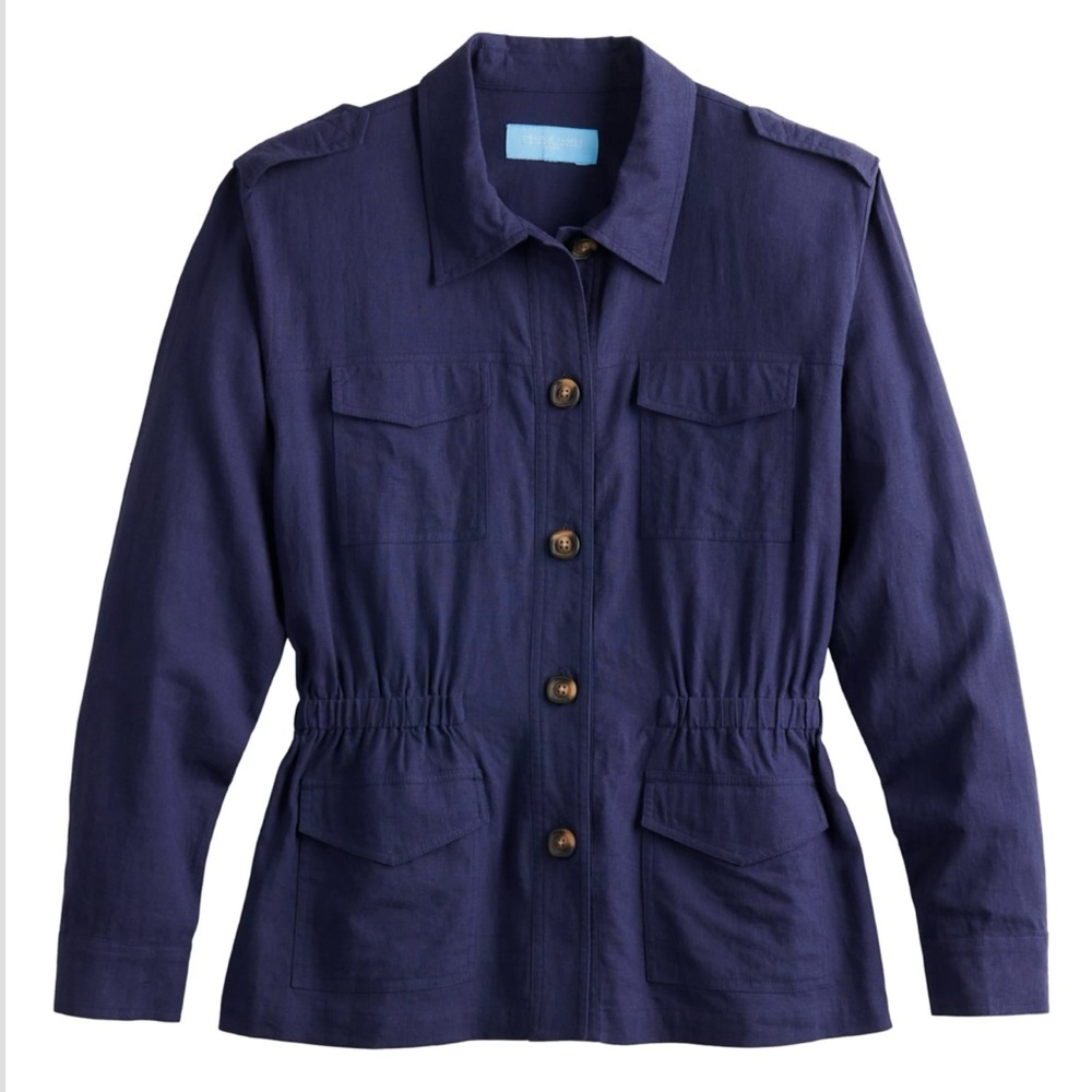 Draper James Linen-Blend Utility Jacket navy blue large preppy classic